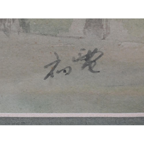 822 - Chinese school - Four watercolours - streetscene, signed lower right, 42 x 56 cm; two junks on water... 