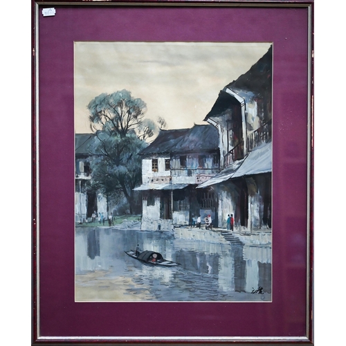 822 - Chinese school - Four watercolours - streetscene, signed lower right, 42 x 56 cm; two junks on water... 