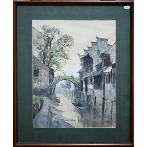 822 - Chinese school - Four watercolours - streetscene, signed lower right, 42 x 56 cm; two junks on water... 