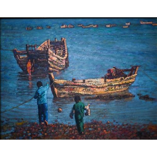 826 - Ying CiooJie - Extensive scene with fishing boats and boys, oil on canvas, signed lower right, 68 x ... 