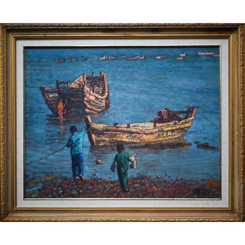 826 - Ying CiooJie - Extensive scene with fishing boats and boys, oil on canvas, signed lower right, 68 x ... 