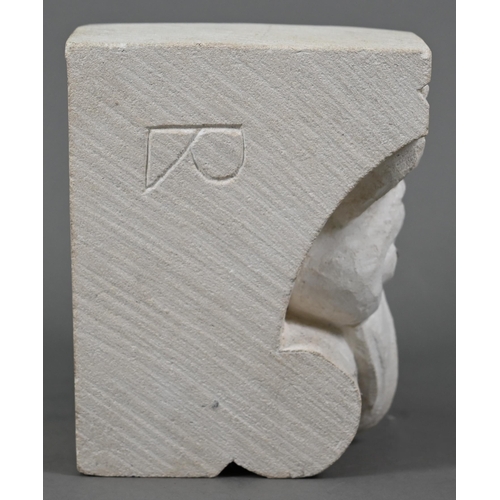 834 - A carved stone corbel, worked with a demon's head, signed with LR monogram for Ross Lovatt, stonemas... 