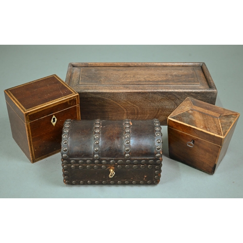 835 - A Regency mahogany single sarcophagus tea caddy box, to/w a Sheraton mahogany cube tea caddy with bo... 