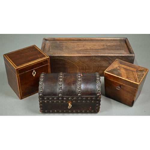 835 - A Regency mahogany single sarcophagus tea caddy box, to/w a Sheraton mahogany cube tea caddy with bo... 