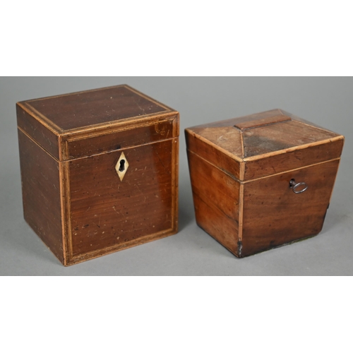 835 - A Regency mahogany single sarcophagus tea caddy box, to/w a Sheraton mahogany cube tea caddy with bo... 