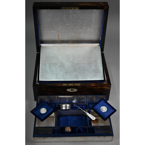 836 - A Victorian mother of pearl inlaid calamander part-fitted jewellery box, 27.5 cm x 20 cm x 12 cm h, ... 