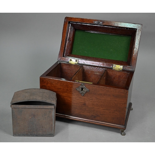 837 - A Georgian three-division caddy-topped box, the hinge top with folding brass handles, raised on cast... 