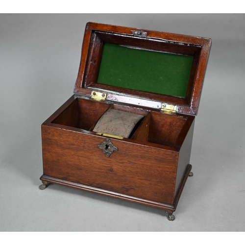 837 - A Georgian three-division caddy-topped box, the hinge top with folding brass handles, raised on cast... 