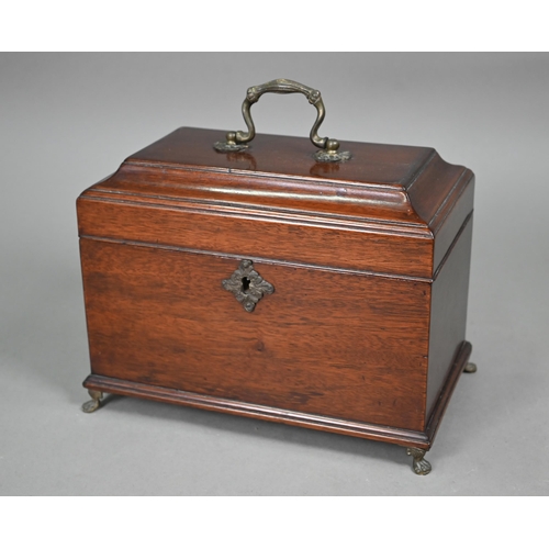 837 - A Georgian three-division caddy-topped box, the hinge top with folding brass handles, raised on cast... 