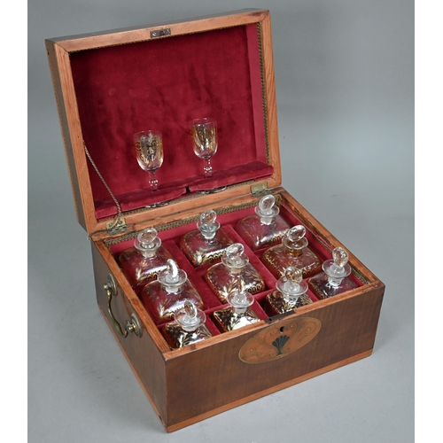 838 - A 19th century boxwood and walnut liqueur bottle case (made up), the interior containing ten near-co... 