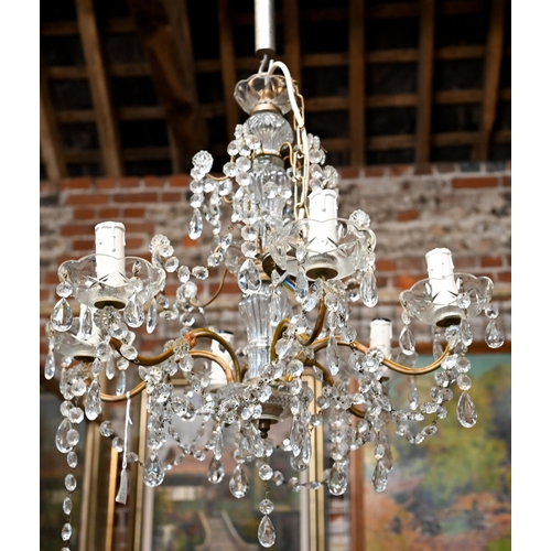 840 - A vintage Italian style glass and brass arm, crystal strung six-branch electrolier, approx. 50 cm h ... 