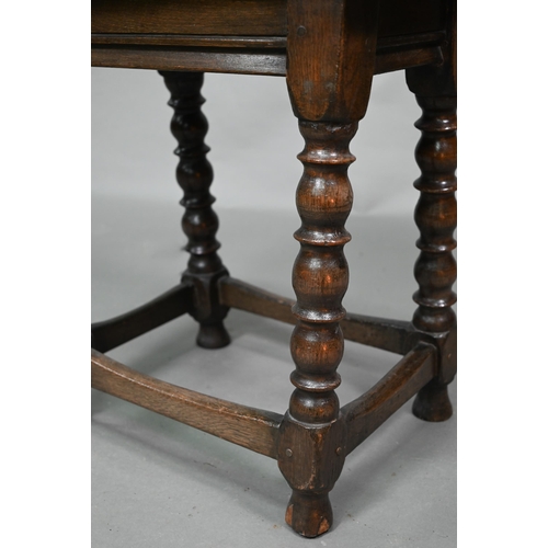 846 - A 17th century style elm seat joint stool, with turned supports, 45 cm x 27 cm x 49 cm h