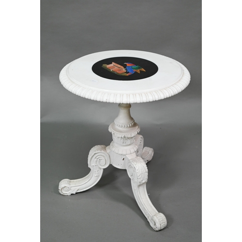 849 - An antique Italian pietra-dura and marble top tripod occasional table depicting a parrot, 45 cm dia.... 