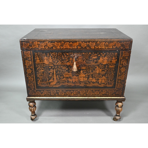 850 - A late 18th/19th century Chinese export all-round black and gilt pictorial lacquered trunk, raised o... 