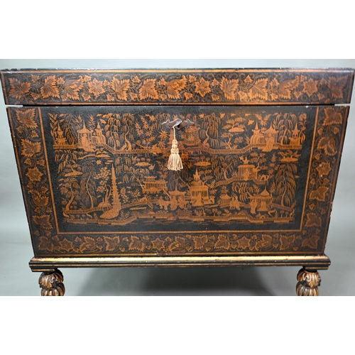 850 - A late 18th/19th century Chinese export all-round black and gilt pictorial lacquered trunk, raised o... 