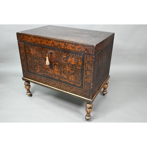 850 - A late 18th/19th century Chinese export all-round black and gilt pictorial lacquered trunk, raised o... 