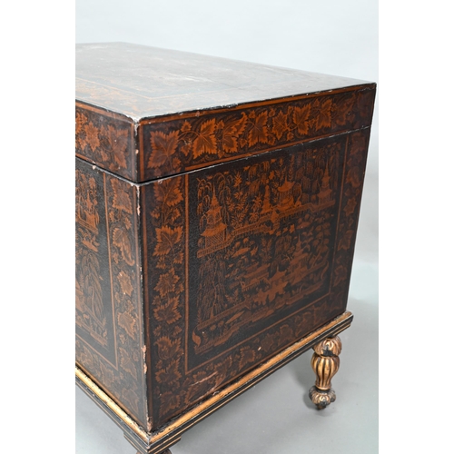 850 - A late 18th/19th century Chinese export all-round black and gilt pictorial lacquered trunk, raised o... 