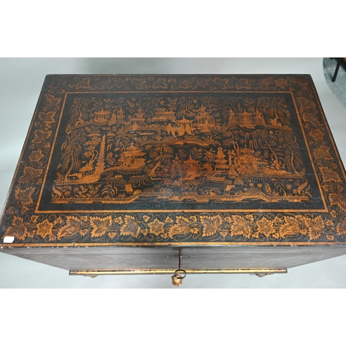 850 - A late 18th/19th century Chinese export all-round black and gilt pictorial lacquered trunk, raised o... 