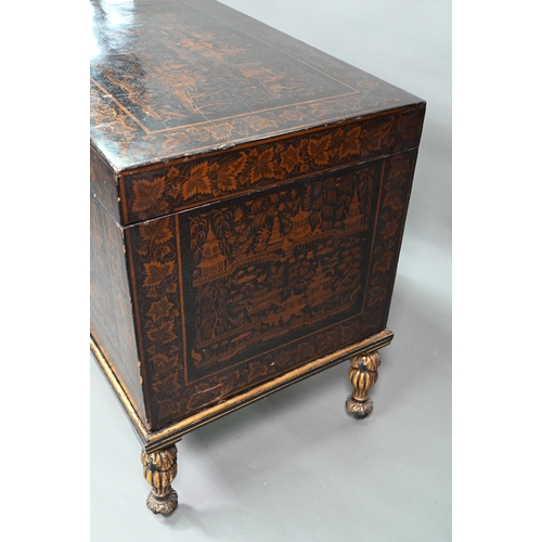 850 - A late 18th/19th century Chinese export all-round black and gilt pictorial lacquered trunk, raised o... 