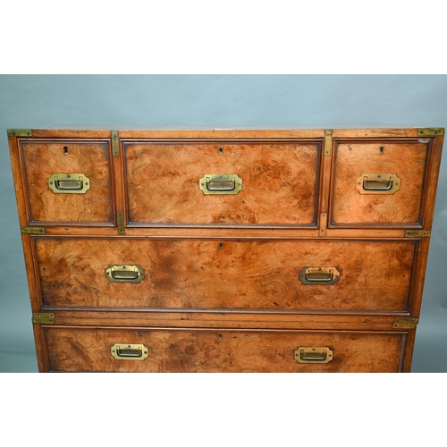 854 - A Victorian brass bound teak campaign style chest, in two parts comprising an arrangement of six dra... 