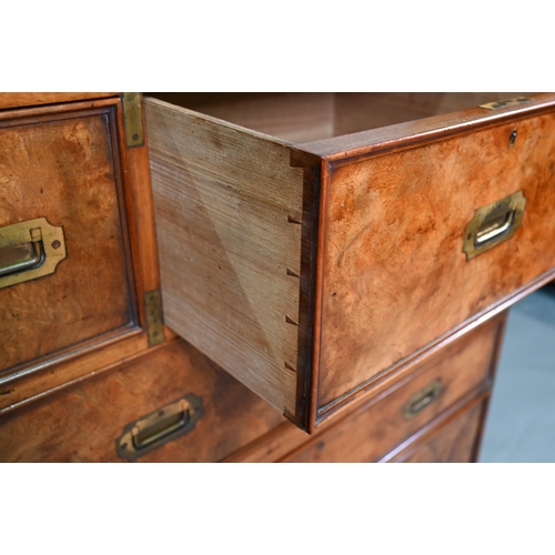 854 - A Victorian brass bound teak campaign style chest, in two parts comprising an arrangement of six dra... 