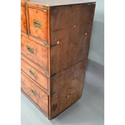 854 - A Victorian brass bound teak campaign style chest, in two parts comprising an arrangement of six dra... 