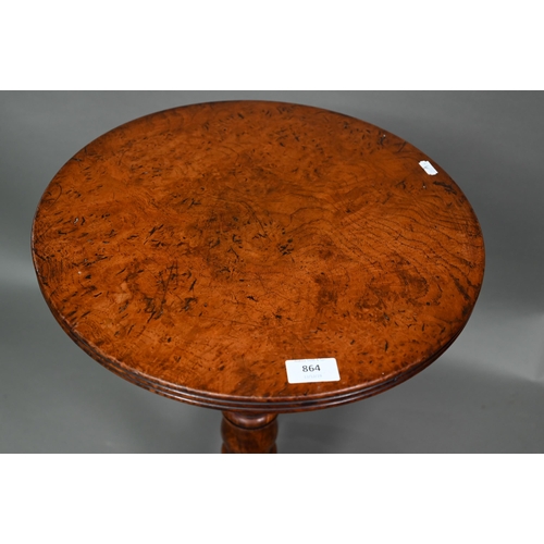 864 - A 19th century pollard oak tripod kettle table, the circular top with reeded edge raised on a ring t... 