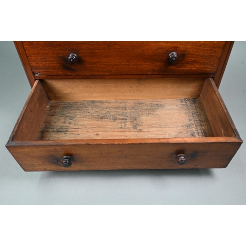 878 - An old miniature mahogany chest of two short over three long graduated drawers, with turned pulls, o... 