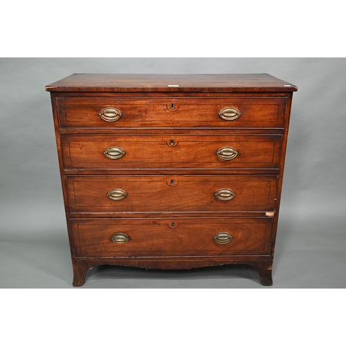 880 - A 19th century mahogany chest of four long graduated drawers, raised on spayed bracket feet, later b... 