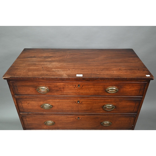 880 - A 19th century mahogany chest of four long graduated drawers, raised on spayed bracket feet, later b... 