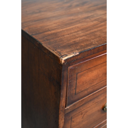 880 - A 19th century mahogany chest of four long graduated drawers, raised on spayed bracket feet, later b... 