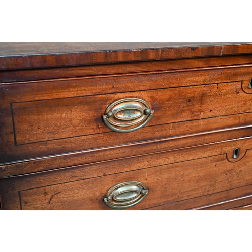 880 - A 19th century mahogany chest of four long graduated drawers, raised on spayed bracket feet, later b... 