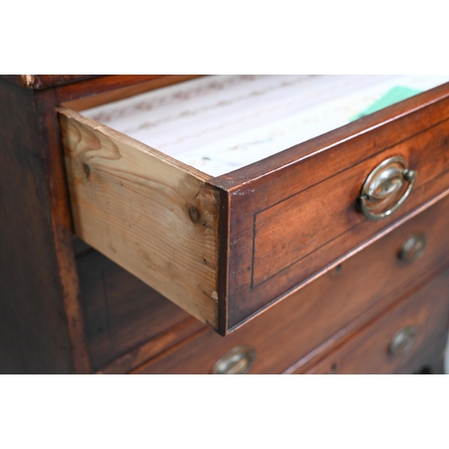 880 - A 19th century mahogany chest of four long graduated drawers, raised on spayed bracket feet, later b... 