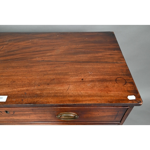 880 - A 19th century mahogany chest of four long graduated drawers, raised on spayed bracket feet, later b... 