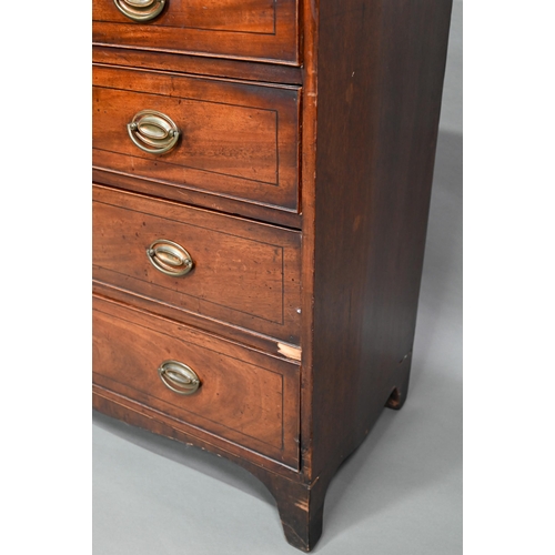 880 - A 19th century mahogany chest of four long graduated drawers, raised on spayed bracket feet, later b... 