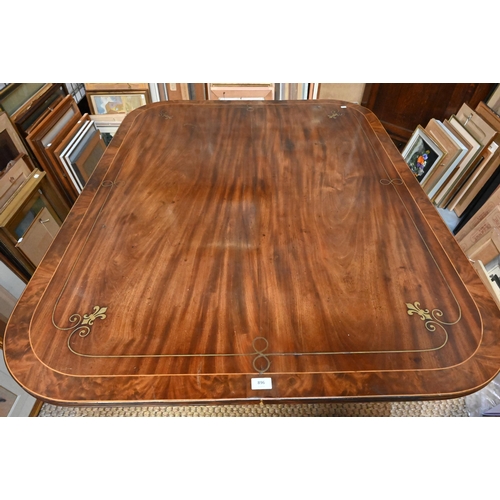 896 - A Victorian brass inlaid mahogany breakfast table, the rectangular top with rounded corners, raised ... 