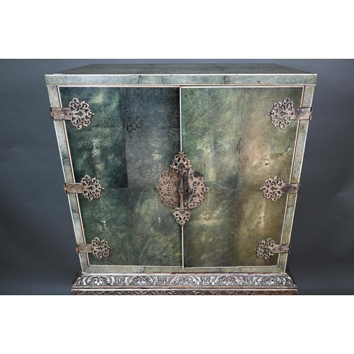 906 - A good Art Deco period ivory banded shagreen cocktail cabinet, with ornate engraved silver plated fi... 