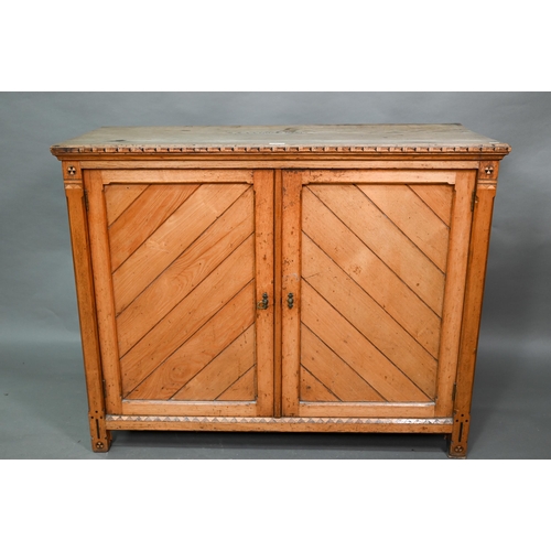 911 - A pair of Arts & Crafts Gothic reform inlaid Ash cabinets, each opposing diagonal tongue and gro... 