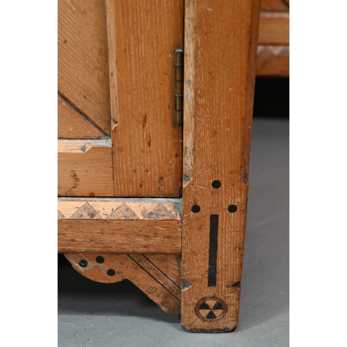 911 - A pair of Arts & Crafts Gothic reform inlaid Ash cabinets, each opposing diagonal tongue and gro... 