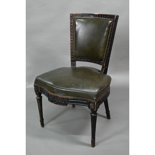 912 - A pair of antique French Empire green studded leather side chairs, with moulded ebonised walnut fram... 