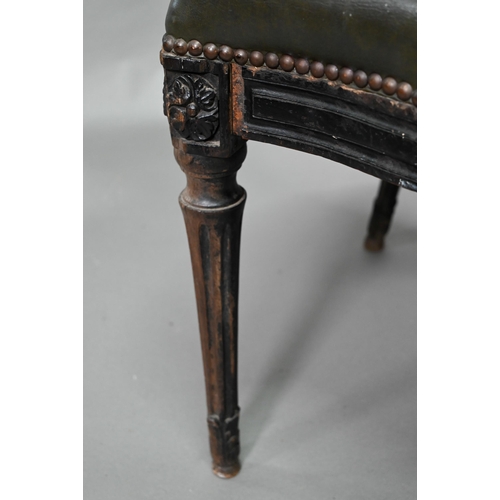 912 - A pair of antique French Empire green studded leather side chairs, with moulded ebonised walnut fram... 