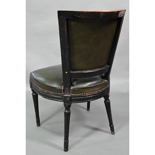 912 - A pair of antique French Empire green studded leather side chairs, with moulded ebonised walnut fram... 