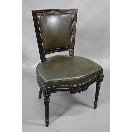 912 - A pair of antique French Empire green studded leather side chairs, with moulded ebonised walnut fram... 