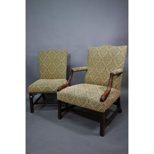 918 - An old hump back Gainsborough elbow chair, re-upholstered in green fabric and raised on moulded squa... 