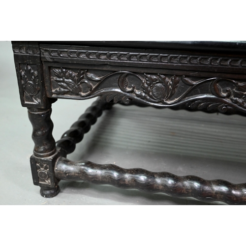 934 - A profusely carved and moulded colonial ebonised hardwood sofa bench, with cane panelled seat (with ... 