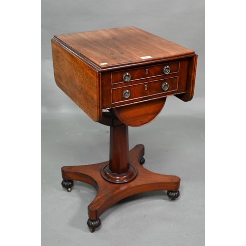 941 - A Victorian mahogany drop leaf two-drawer work table, dummy drawer fronts to verso, with domed stora... 