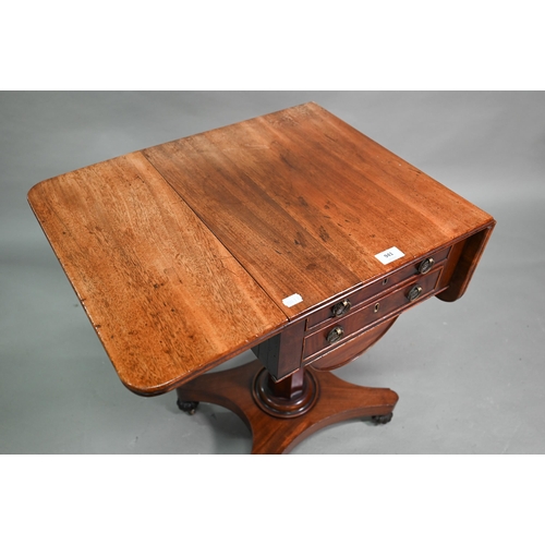 941 - A Victorian mahogany drop leaf two-drawer work table, dummy drawer fronts to verso, with domed stora... 