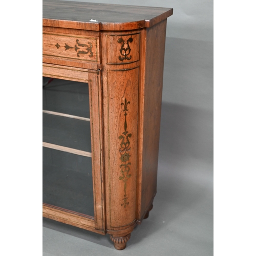 945 - A Regency brass inlaid rosewood side cabinet, the full width frieze drawer over a pair of glazed-in ... 