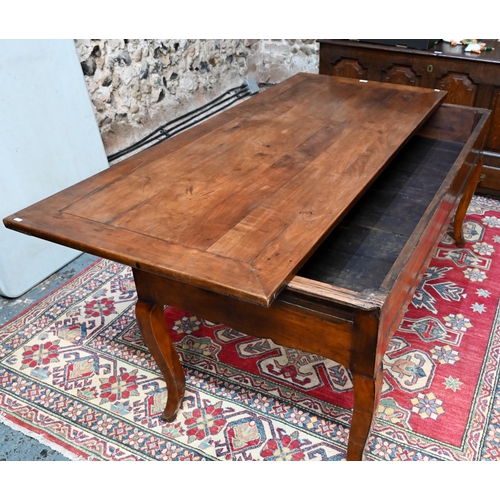 947 - A French fruitwood table, 19th century, the mitre framed rectangular top sliding to reveal a deep st... 