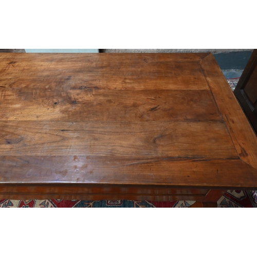 947 - A French fruitwood table, 19th century, the mitre framed rectangular top sliding to reveal a deep st... 